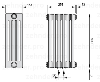Схема (чертеж) Радиатор Zehnder Charleston 5090/6 №5410 Белый глянцевый RAL 9016